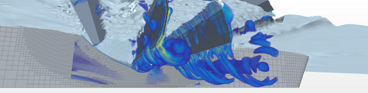 Water flow below a simulated full-scale floating water wheel